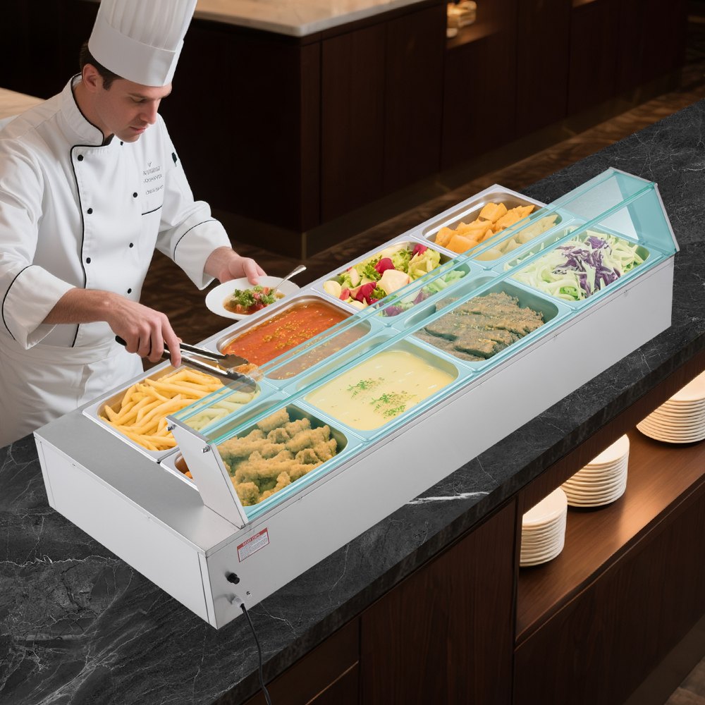 VEVOR Calentador de Alimentos 1700 W, Eléctrico, de Acero Inoxidable, con Vapor y Tapa de Cristal, para 8 Sartenes, Baño María con Cucharones para Sopa y Perforados, 1430 x 570 x 385 mm, 30–85 ℃
