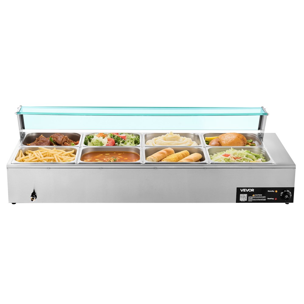 VEVOR Calentador de Alimentos 1700 W, Eléctrico, de Acero Inoxidable, con Vapor y Tapa de Cristal, para 8 Sartenes, Baño María con Cucharones para Sopa y Perforados, 1430 x 570 x 385 mm, 30–85 ℃