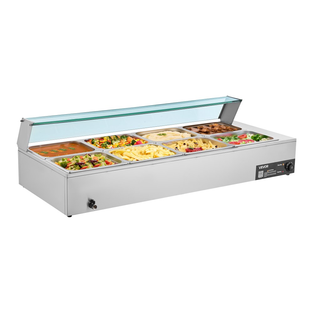 VEVOR Calentador de Alimentos 1700 W, Eléctrico, de Acero Inoxidable, con Vapor y Tapa de Cristal, para 8 Sartenes, Baño María con Cucharones para Sopa y Perforados, 1430 x 570 x 385 mm, 30–85 ℃