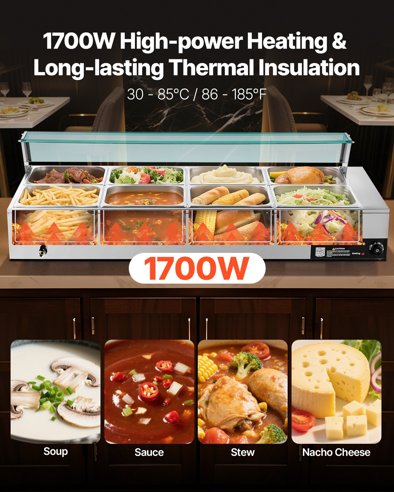 VEVOR Calentador de Alimentos 1700 W, Eléctrico, de Acero Inoxidable, con Vapor y Tapa de Cristal, para 8 Sartenes, Baño María con Cucharones para Sopa y Perforados, 1430 x 570 x 385 mm, 30–85 ℃