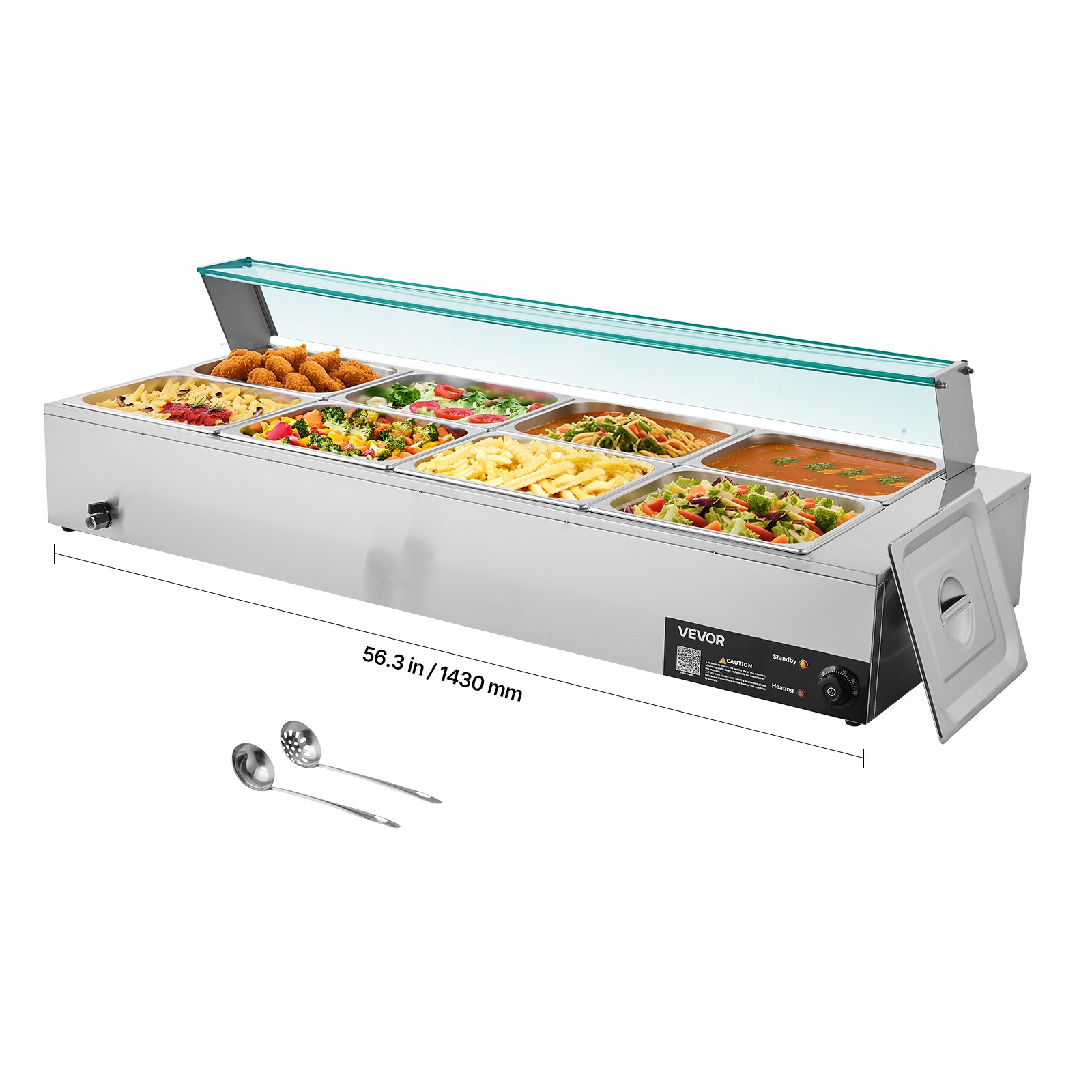 VEVOR Calentador de Alimentos 1700 W, Eléctrico, de Acero Inoxidable, con Vapor y Tapa de Cristal, para 8 Sartenes, Baño María con Cucharones para Sopa y Perforados, 1430 x 570 x 385 mm, 30–85 ℃