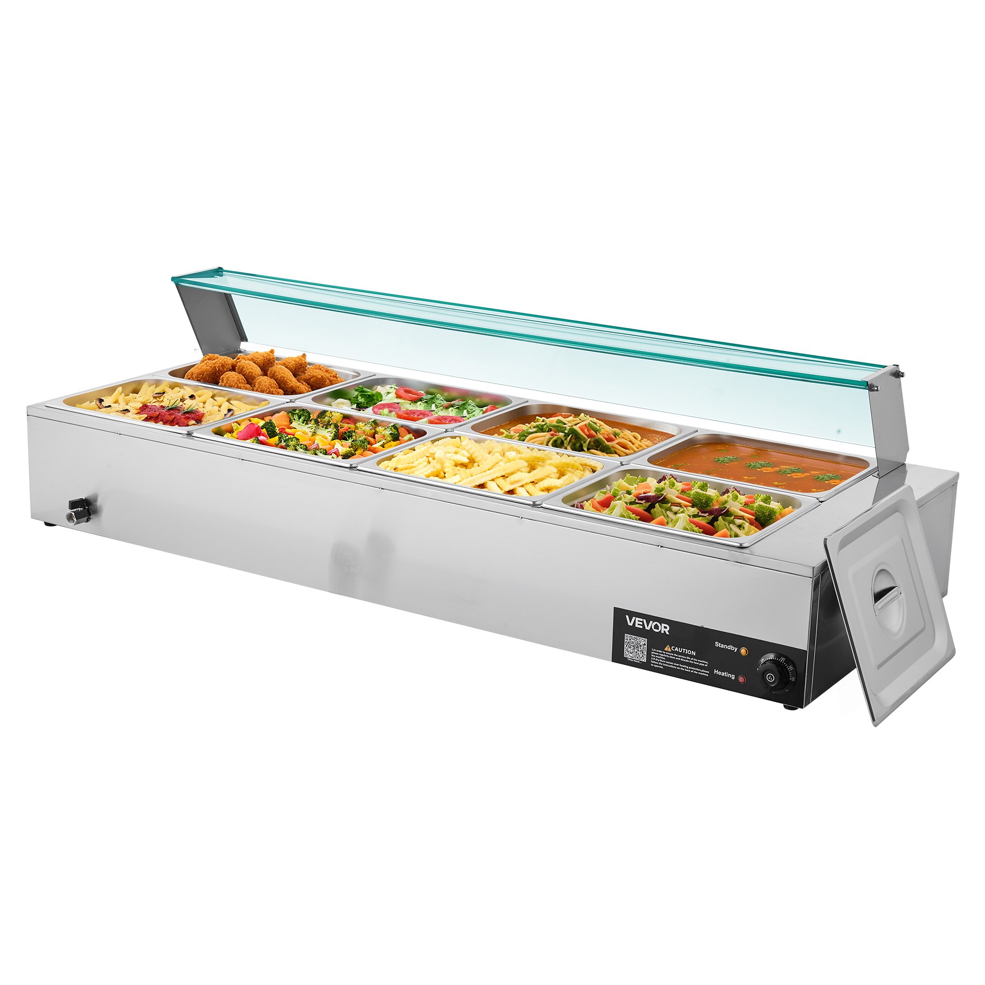 VEVOR Calentador de Alimentos 1700 W, Eléctrico, de Acero Inoxidable, con Vapor y Tapa de Cristal, para 8 Sartenes, Baño María con Cucharones para Sopa y Perforados, 1430 x 570 x 385 mm, 30–85 ℃