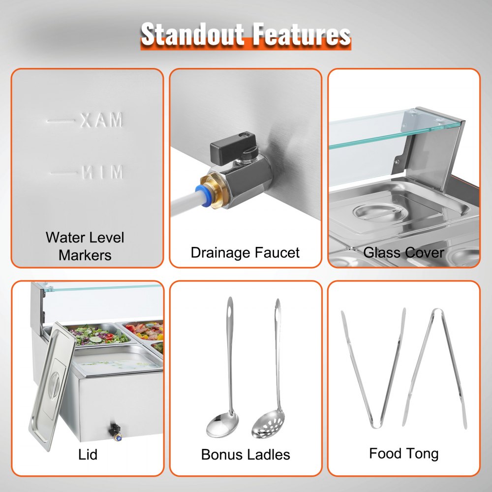 VEVOR Calentador de alimentos comercial de 8 sartenes, mesa de vapor eléctrica de 8 x 8 qt con cubierta de vidrio, 1700 W, encimera de acero inoxidable, control de temperatura de 86-185 °F para catering, restaurantes, plateado