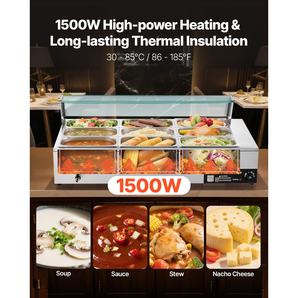 VEVOR Calentador de Alimentos Eléctrico de Acero Inoxidable 1500 W con Vapor y Cubierta Vidrio, 9 Bandejas, con Cucharones para Sopa y Perforados, a Restaurantes y Fiestas, 1100 x 570 x 385 mm