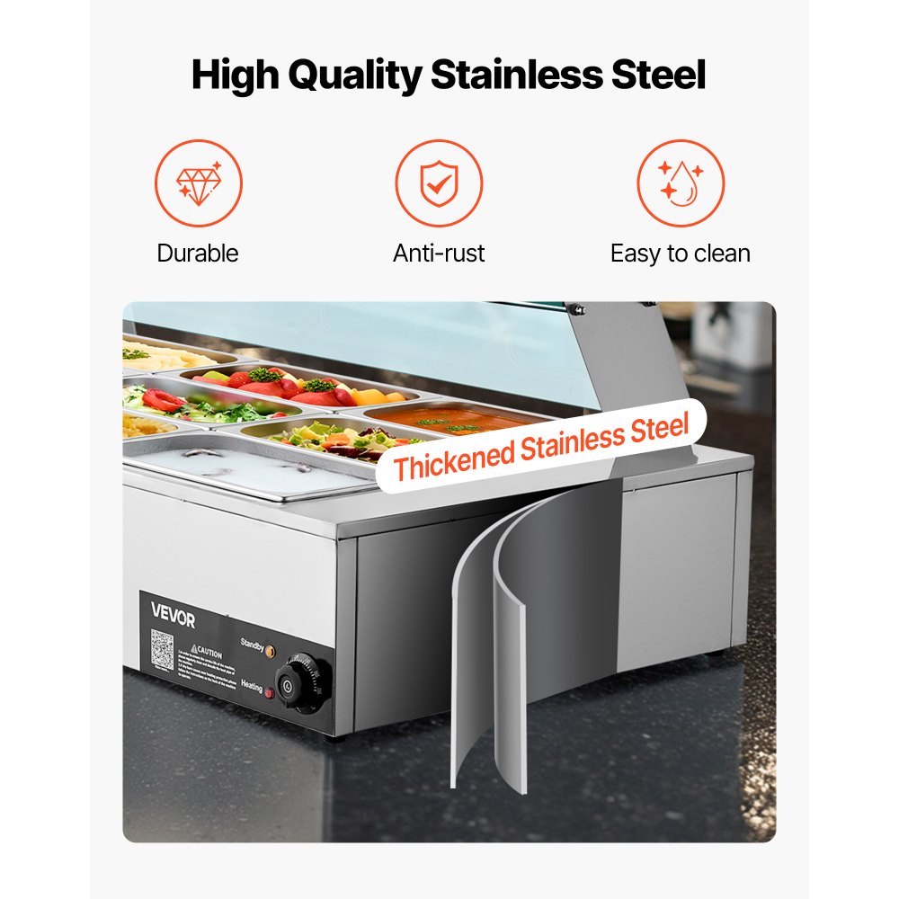 VEVOR Calentador de Alimentos Eléctrico de Acero Inoxidable 1500 W con Vapor y Cubierta Vidrio, 9 Bandejas, con Cucharones para Sopa y Perforados, a Restaurantes y Fiestas, 1100 x 570 x 385 mm