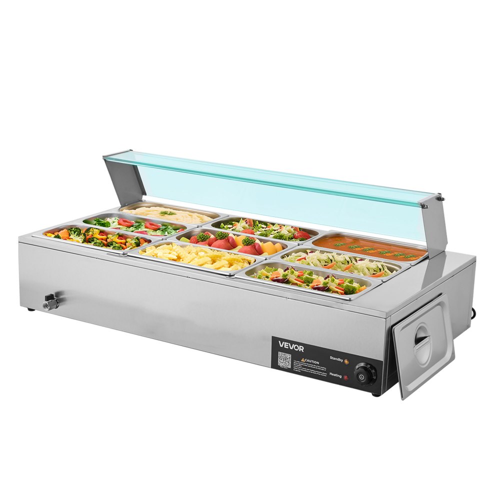 VEVOR Calentador de Alimentos Eléctrico de Acero Inoxidable 1500 W con Vapor y Cubierta Vidrio, 9 Bandejas, con Cucharones para Sopa y Perforados, a Restaurantes y Fiestas, 1100 x 570 x 385 mm