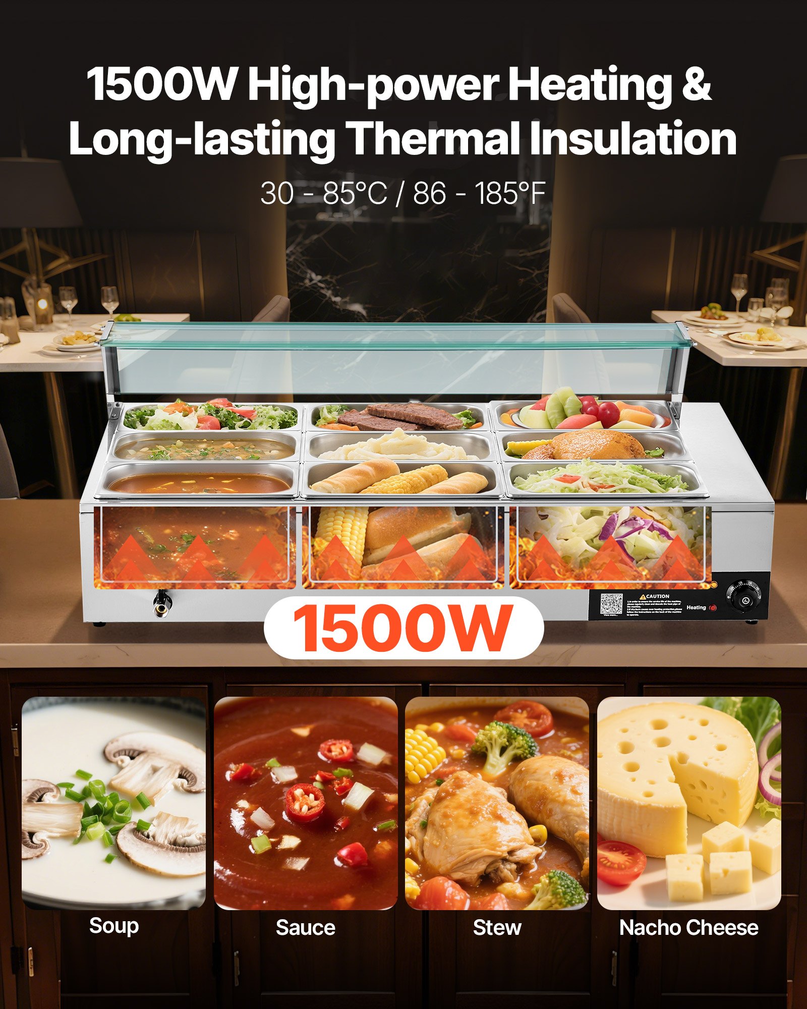 VEVOR Calentador de Alimentos Eléctrico de Acero Inoxidable 1500 W con Vapor y Cubierta Vidrio, 9 Bandejas, con Cucharones para Sopa y Perforados, a Restaurantes y Fiestas, 1100 x 570 x 385 mm