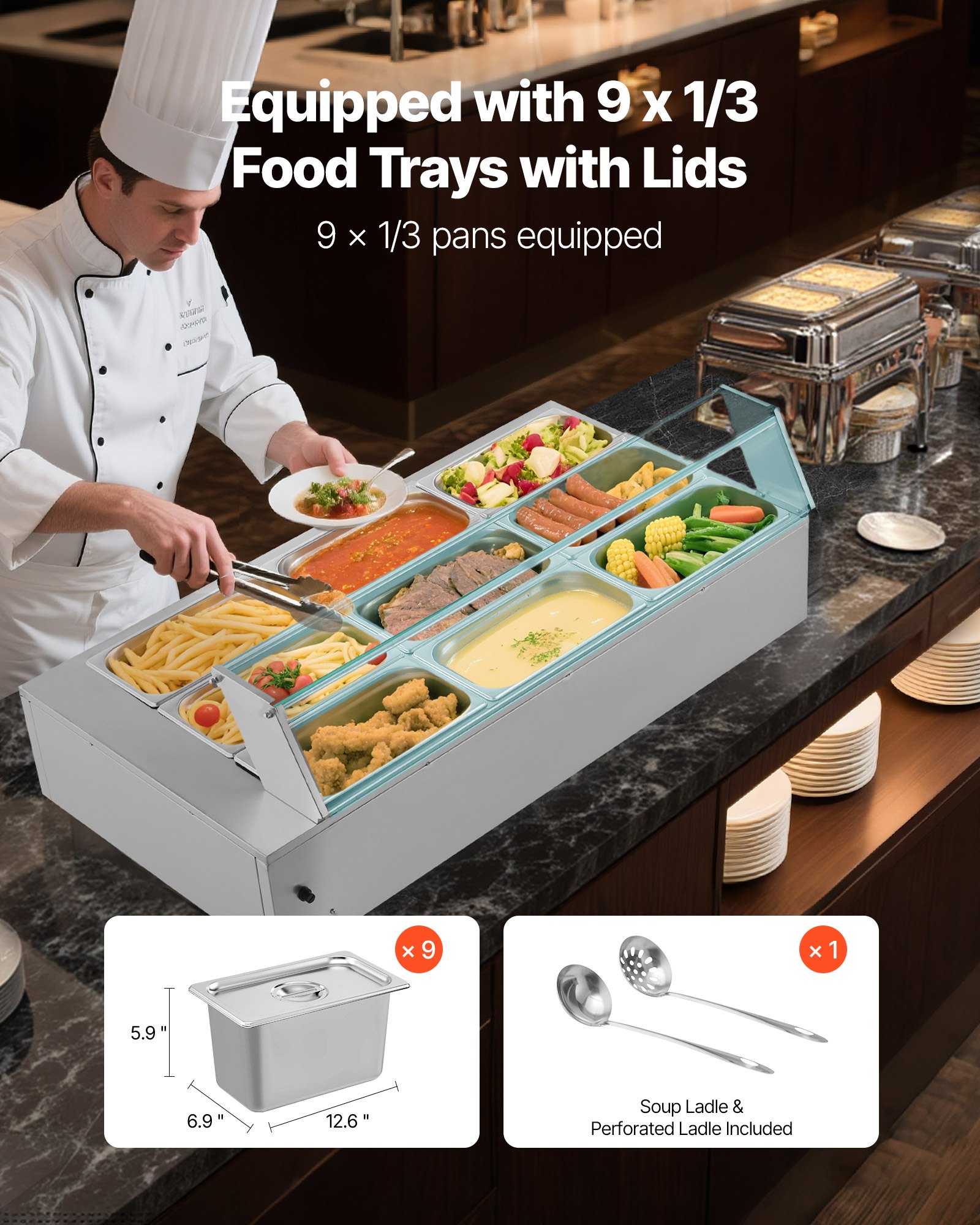 VEVOR Calentador de Alimentos Eléctrico de Acero Inoxidable 1500 W con Vapor y Cubierta Vidrio, 9 Bandejas, con Cucharones para Sopa y Perforados, a Restaurantes y Fiestas, 1100 x 570 x 385 mm
