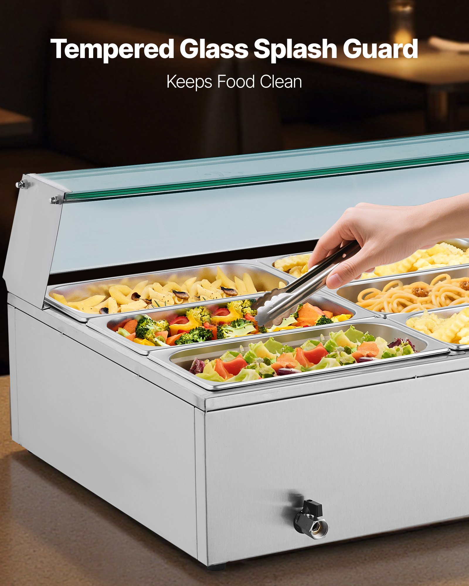 VEVOR Calentador de Alimentos Eléctrico de Acero Inoxidable 1500 W con Vapor y Cubierta Vidrio, 9 Bandejas, con Cucharones para Sopa y Perforados, a Restaurantes y Fiestas, 1100 x 570 x 385 mm