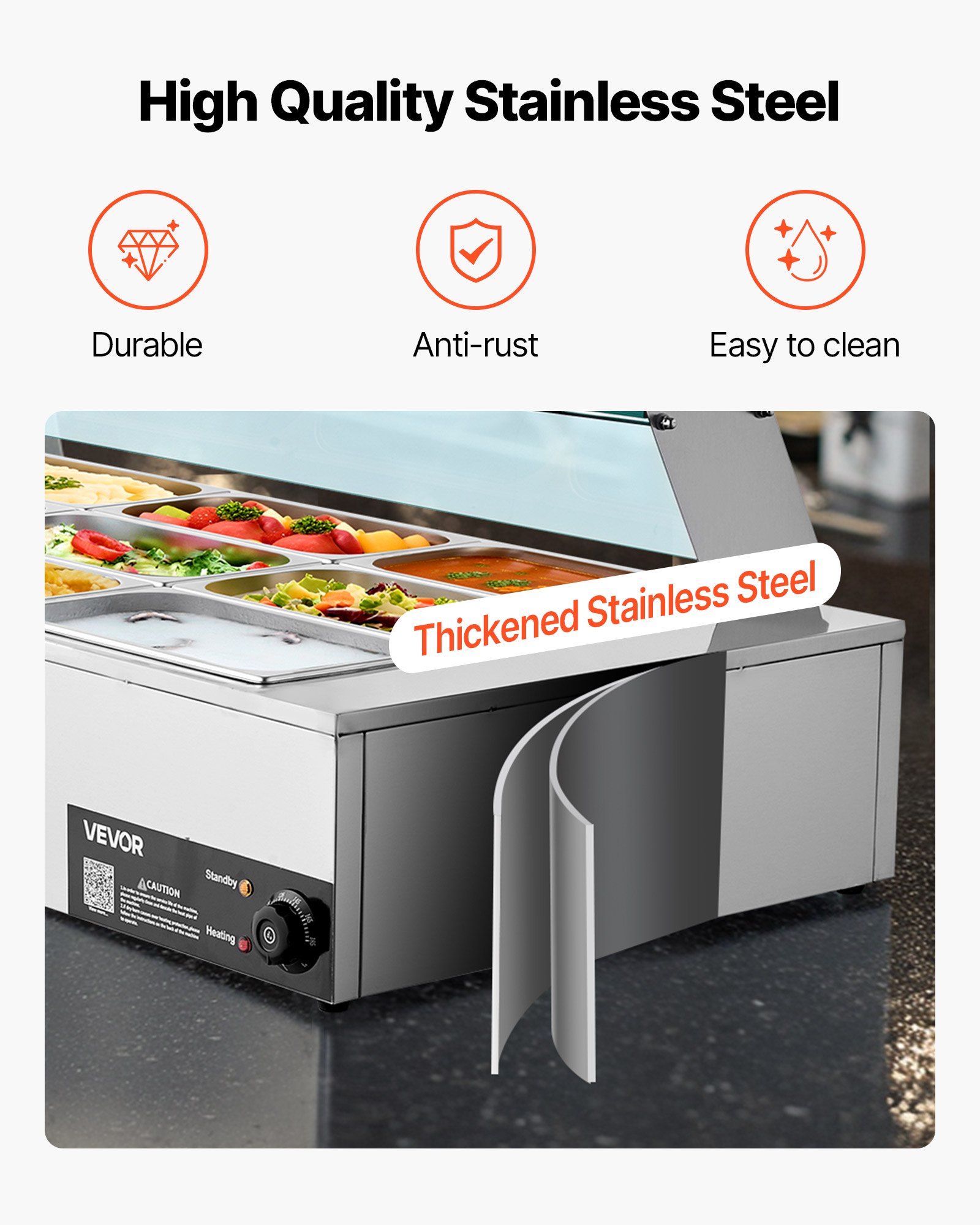 VEVOR Calentador de Alimentos Eléctrico de Acero Inoxidable 1500 W con Vapor y Cubierta Vidrio, 9 Bandejas, con Cucharones para Sopa y Perforados, a Restaurantes y Fiestas, 1100 x 570 x 385 mm