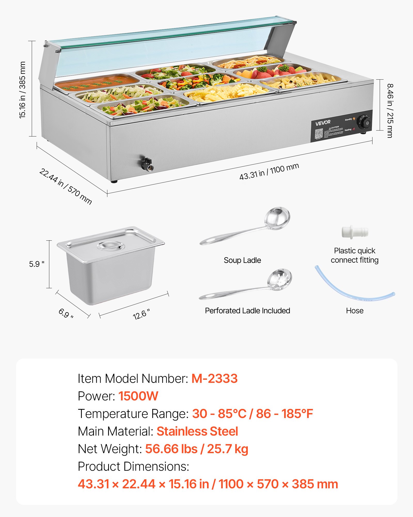 VEVOR Calentador de Alimentos Eléctrico de Acero Inoxidable 1500 W con Vapor y Cubierta Vidrio, 9 Bandejas, con Cucharones para Sopa y Perforados, a Restaurantes y Fiestas, 1100 x 570 x 385 mm