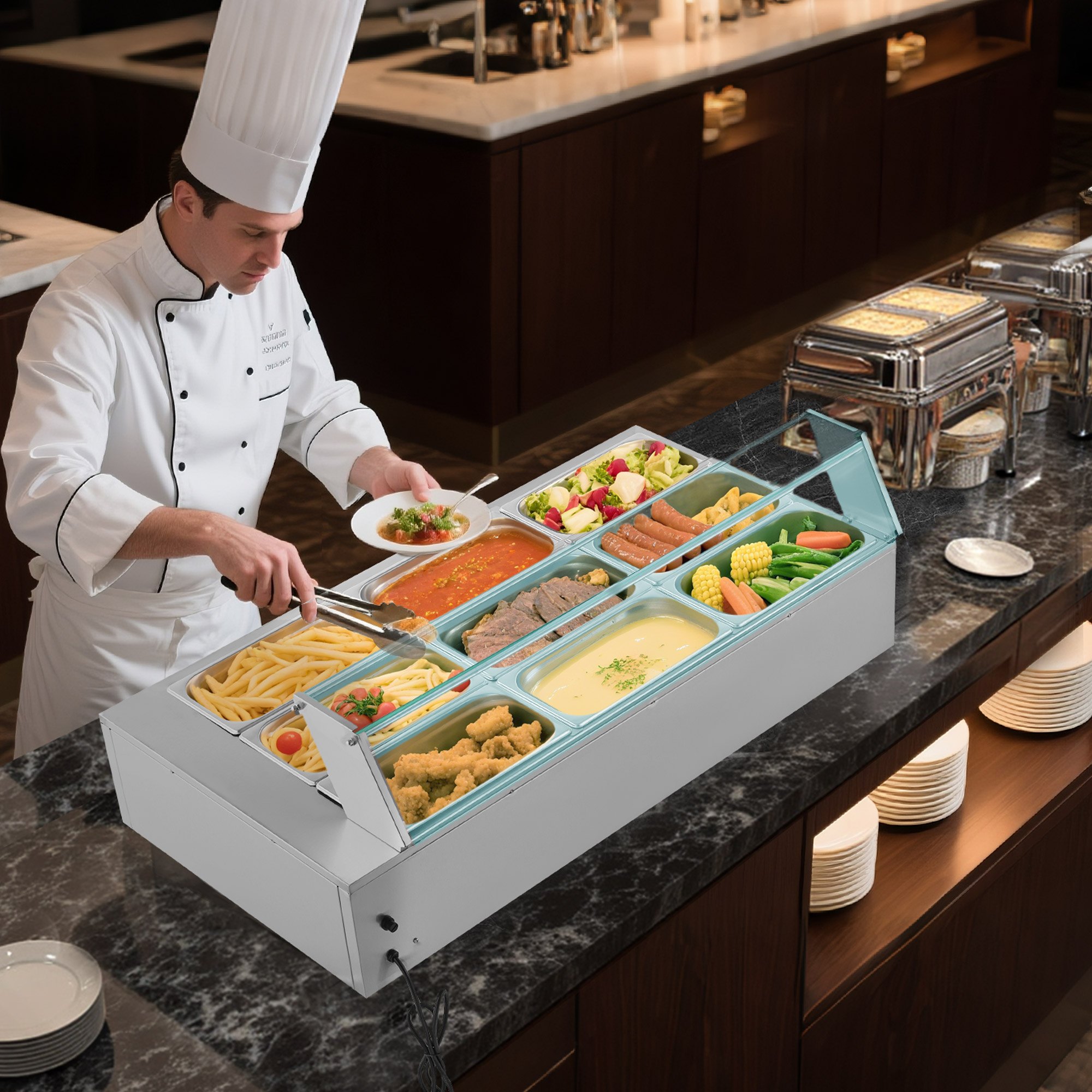 VEVOR Calentador de Alimentos Eléctrico de Acero Inoxidable 1500 W con Vapor y Cubierta Vidrio, 9 Bandejas, con Cucharones para Sopa y Perforados, a Restaurantes y Fiestas, 1100 x 570 x 385 mm