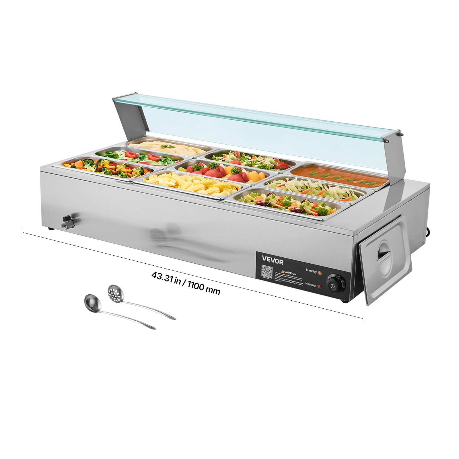 VEVOR Calentador de Alimentos Eléctrico de Acero Inoxidable 1500 W con Vapor y Cubierta Vidrio, 9 Bandejas, con Cucharones para Sopa y Perforados, a Restaurantes y Fiestas, 1100 x 570 x 385 mm