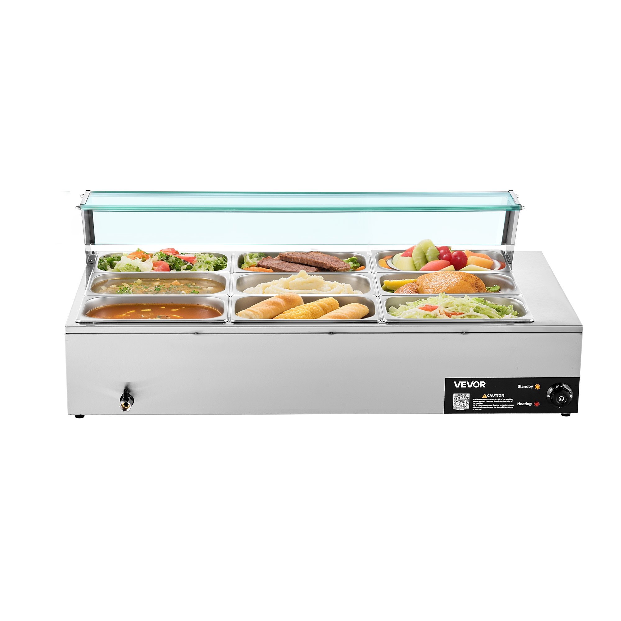 VEVOR Calentador de Alimentos Eléctrico de Acero Inoxidable 1500 W con Vapor y Cubierta Vidrio, 9 Bandejas, con Cucharones para Sopa y Perforados, a Restaurantes y Fiestas, 1100 x 570 x 385 mm