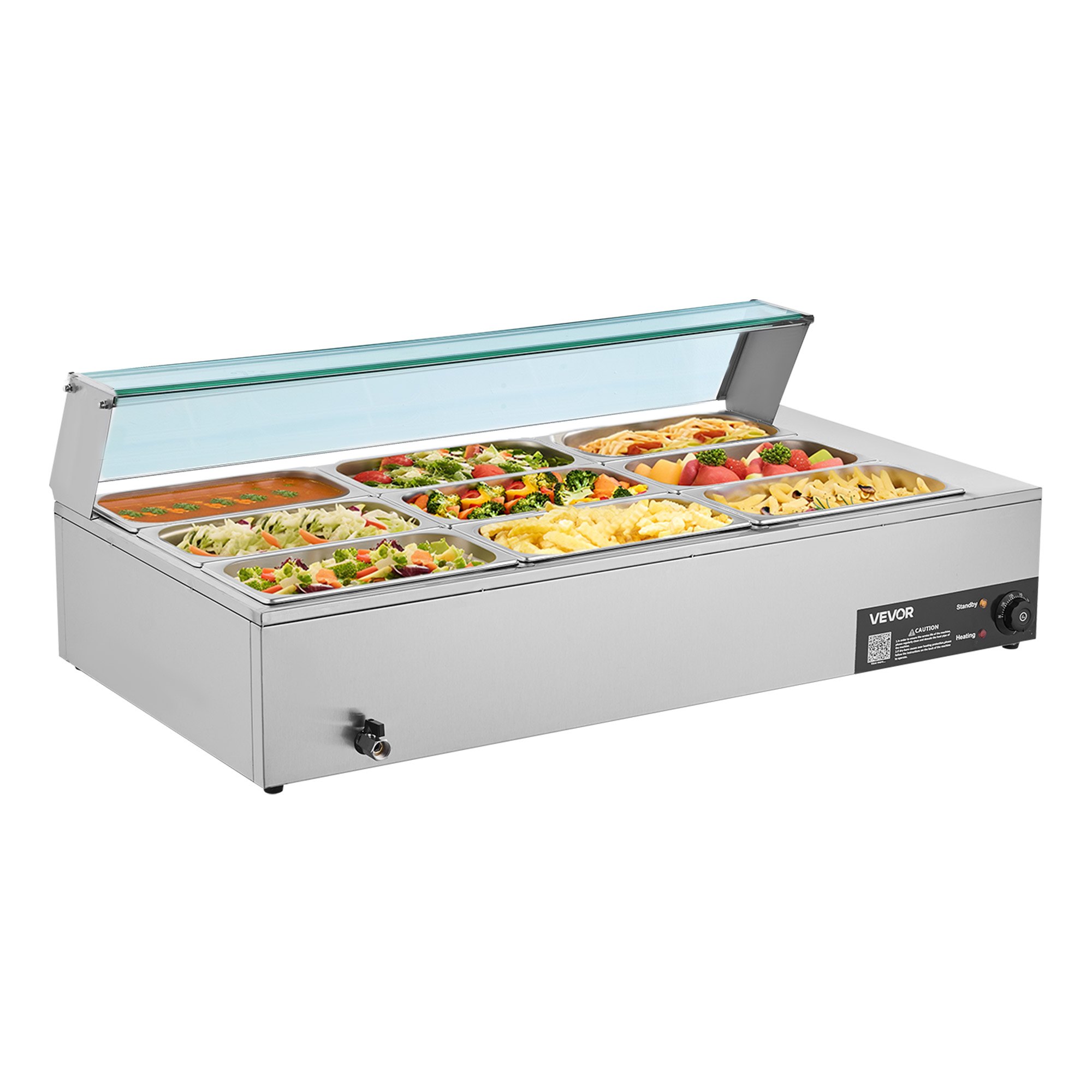 VEVOR Calentador de Alimentos Eléctrico de Acero Inoxidable 1500 W con Vapor y Cubierta Vidrio, 9 Bandejas, con Cucharones para Sopa y Perforados, a Restaurantes y Fiestas, 1100 x 570 x 385 mm