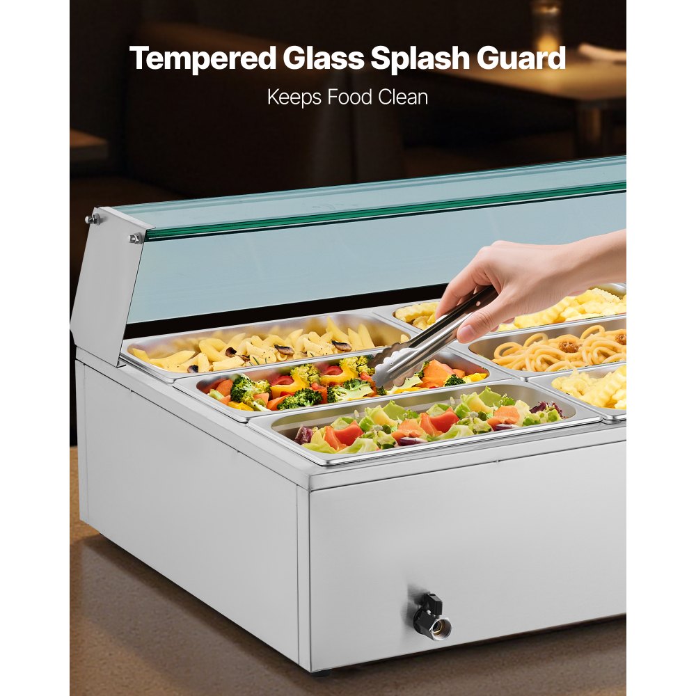 VEVOR Calentador de Alimentos 1700 W, Eléctrico, Acero Inoxidable, con Vapor y Tapa de Cristal, 12 Sartenes, para Buffet de Encimera, Baño María con Cucharones para Sopa y Perforados, 30–85 ℃