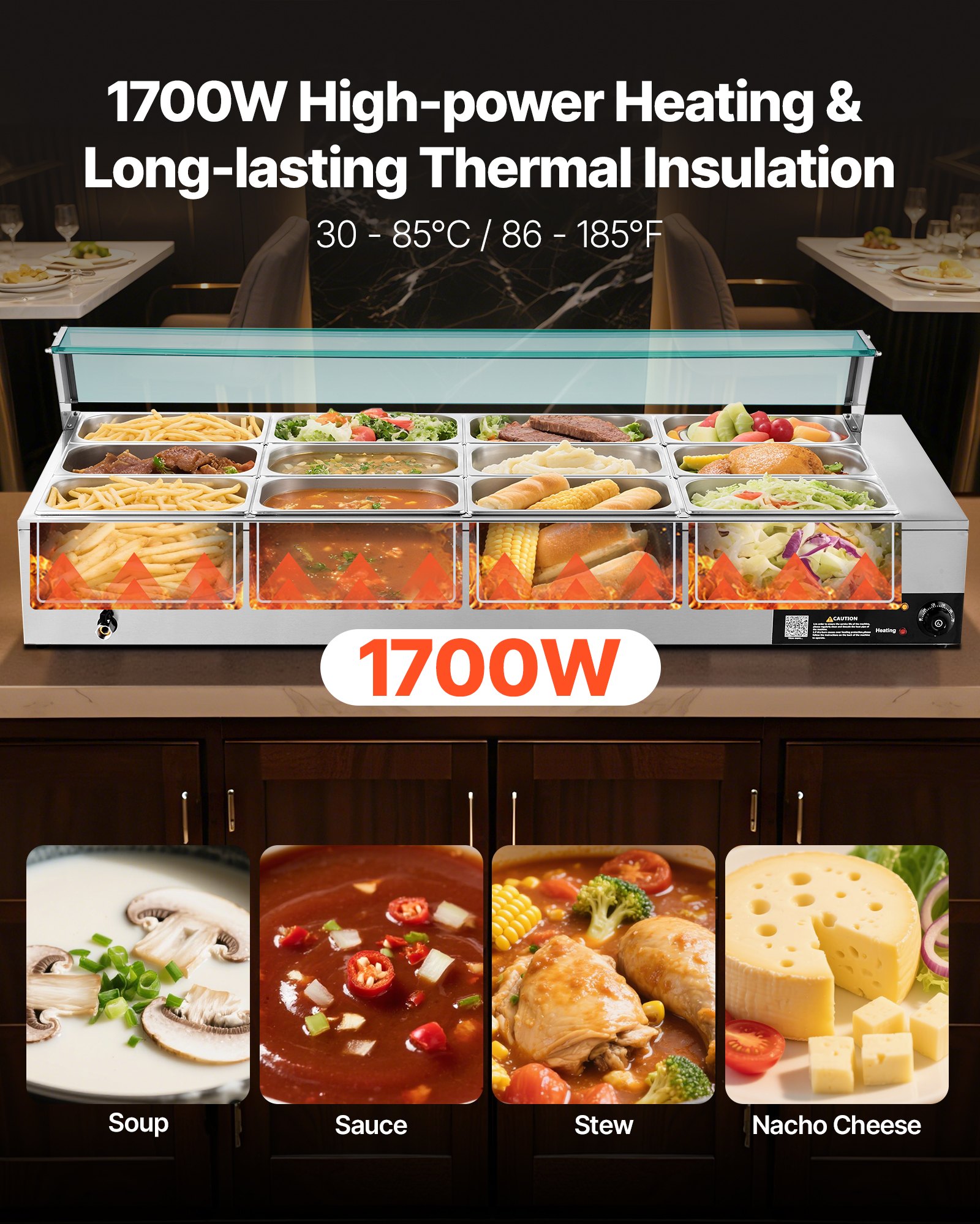 VEVOR Calentador de Alimentos 1700 W, Eléctrico, Acero Inoxidable, con Vapor y Tapa de Cristal, 12 Sartenes, para Buffet de Encimera, Baño María con Cucharones para Sopa y Perforados, 30–85 ℃