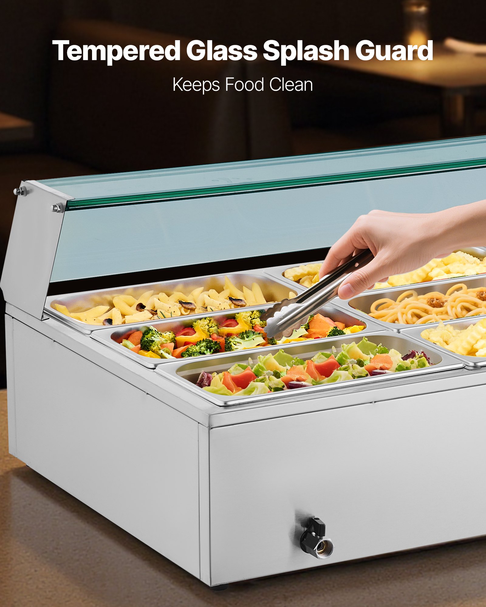 VEVOR Calentador de Alimentos 1700 W, Eléctrico, Acero Inoxidable, con Vapor y Tapa de Cristal, 12 Sartenes, para Buffet de Encimera, Baño María con Cucharones para Sopa y Perforados, 30–85 ℃