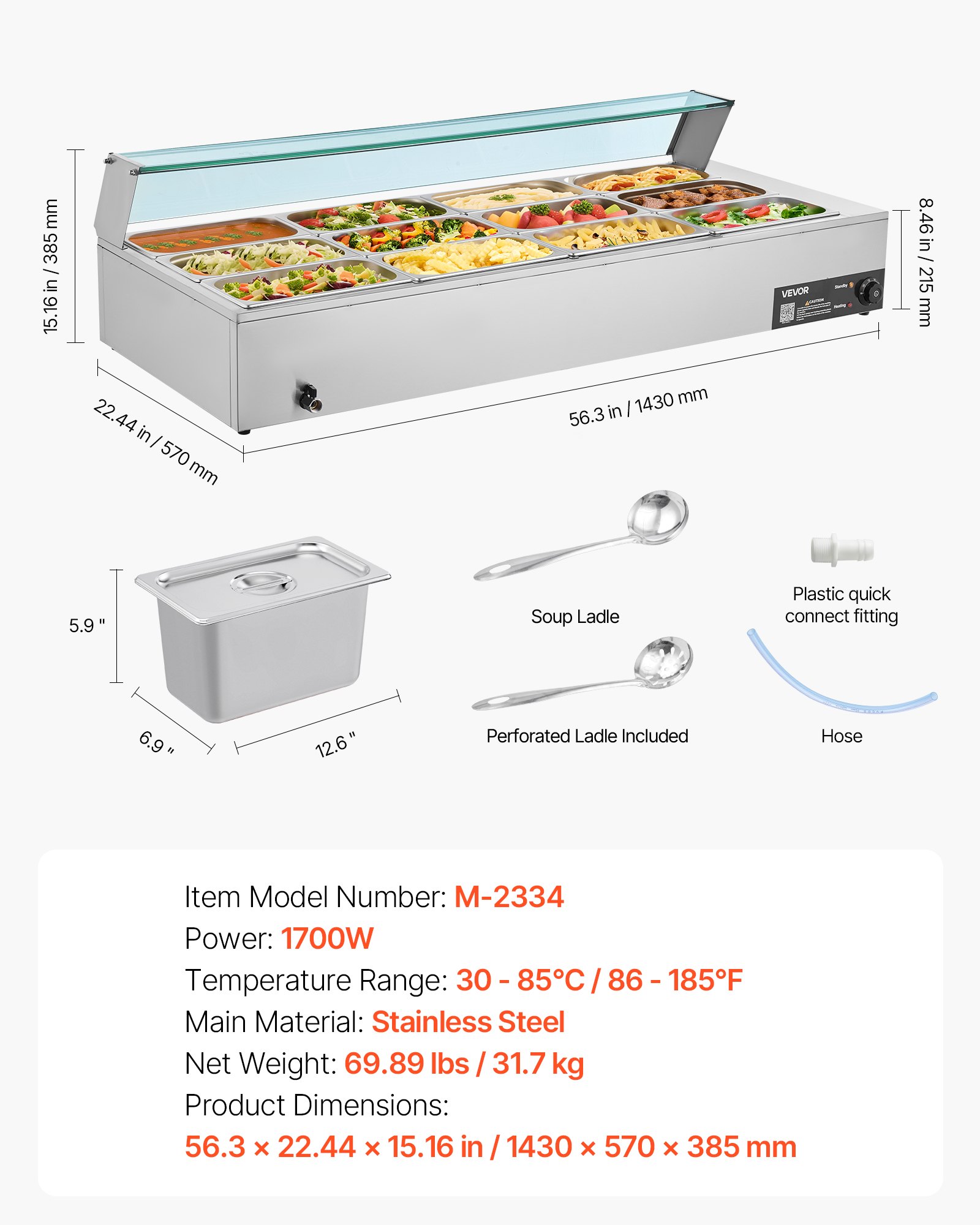 VEVOR Calentador de Alimentos 1700 W, Eléctrico, Acero Inoxidable, con Vapor y Tapa de Cristal, 12 Sartenes, para Buffet de Encimera, Baño María con Cucharones para Sopa y Perforados, 30–85 ℃
