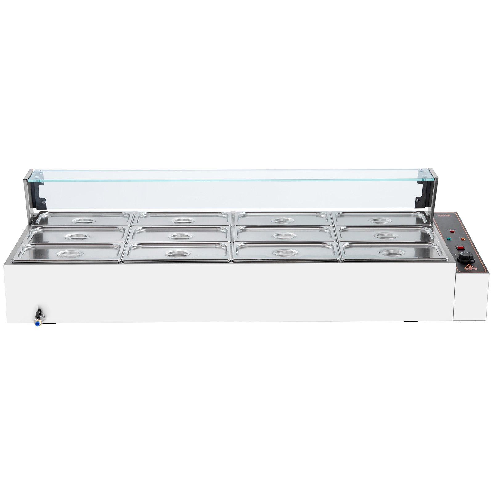 VEVOR Commercial Food Warmer with 12 x 5 Qt Containers, Electric Steam Table with Glass Cover, 1700 W Stainless Steel Worktop, Buffet Bain-Marie, 30-85°C Temperature Control for Catering