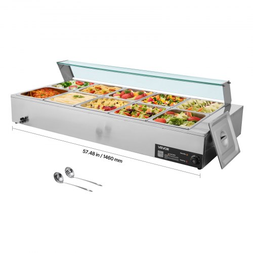 VEVOR Calentador de Alimentos 1700 W, Eléctrico, Acero Inoxidable, con Vapor y Tapa de Cristal, para 10 Sartenes, para Buffet de Encimera, a Catering, Restaurantes y Fiestas, 1460 x 690 x 385 mm