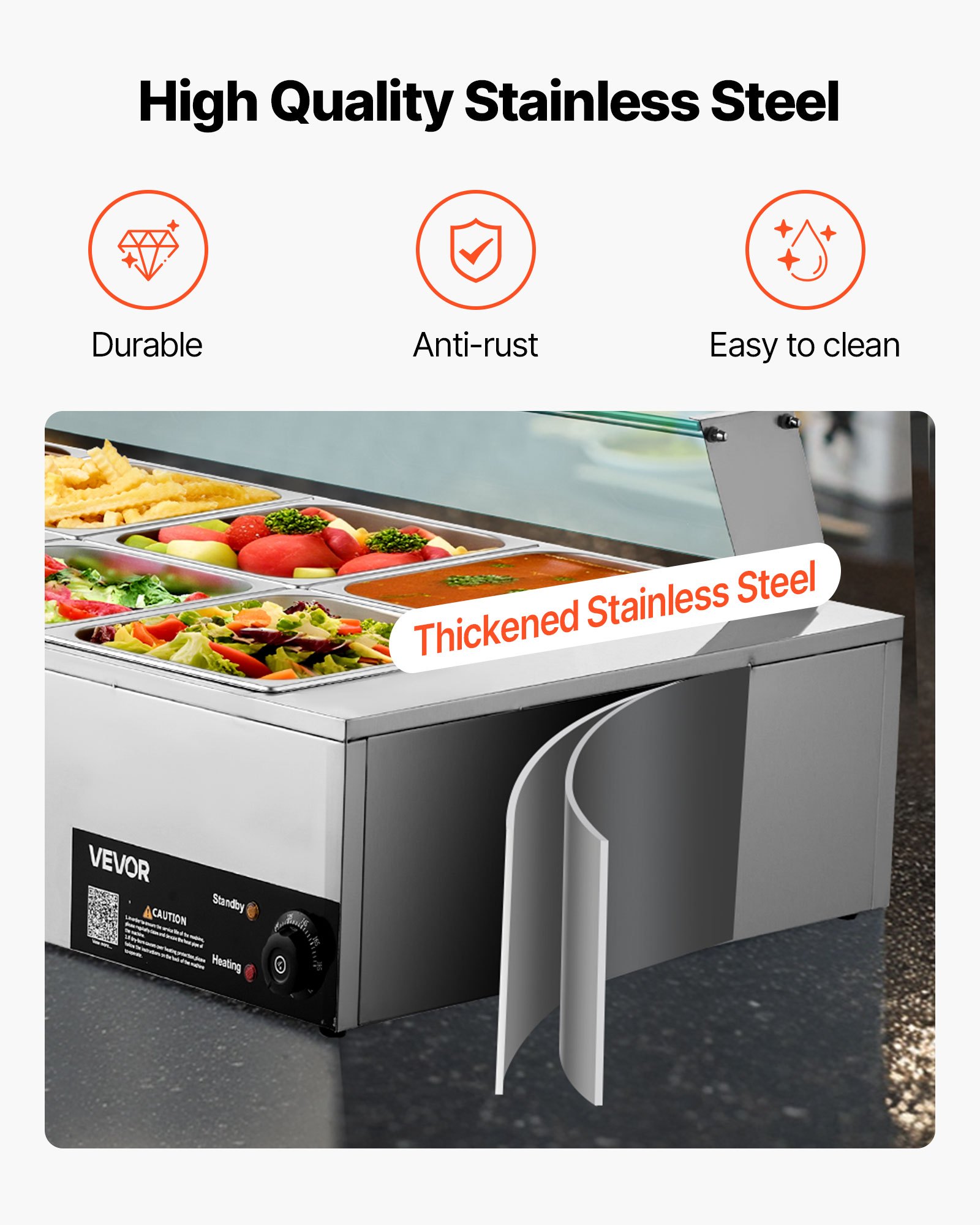 VEVOR Calentador de Alimentos 1700 W, Eléctrico, Acero Inoxidable, con Vapor y Tapa de Cristal, para 10 Sartenes, para Buffet de Encimera, a Catering, Restaurantes y Fiestas, 1460 x 690 x 385 mm