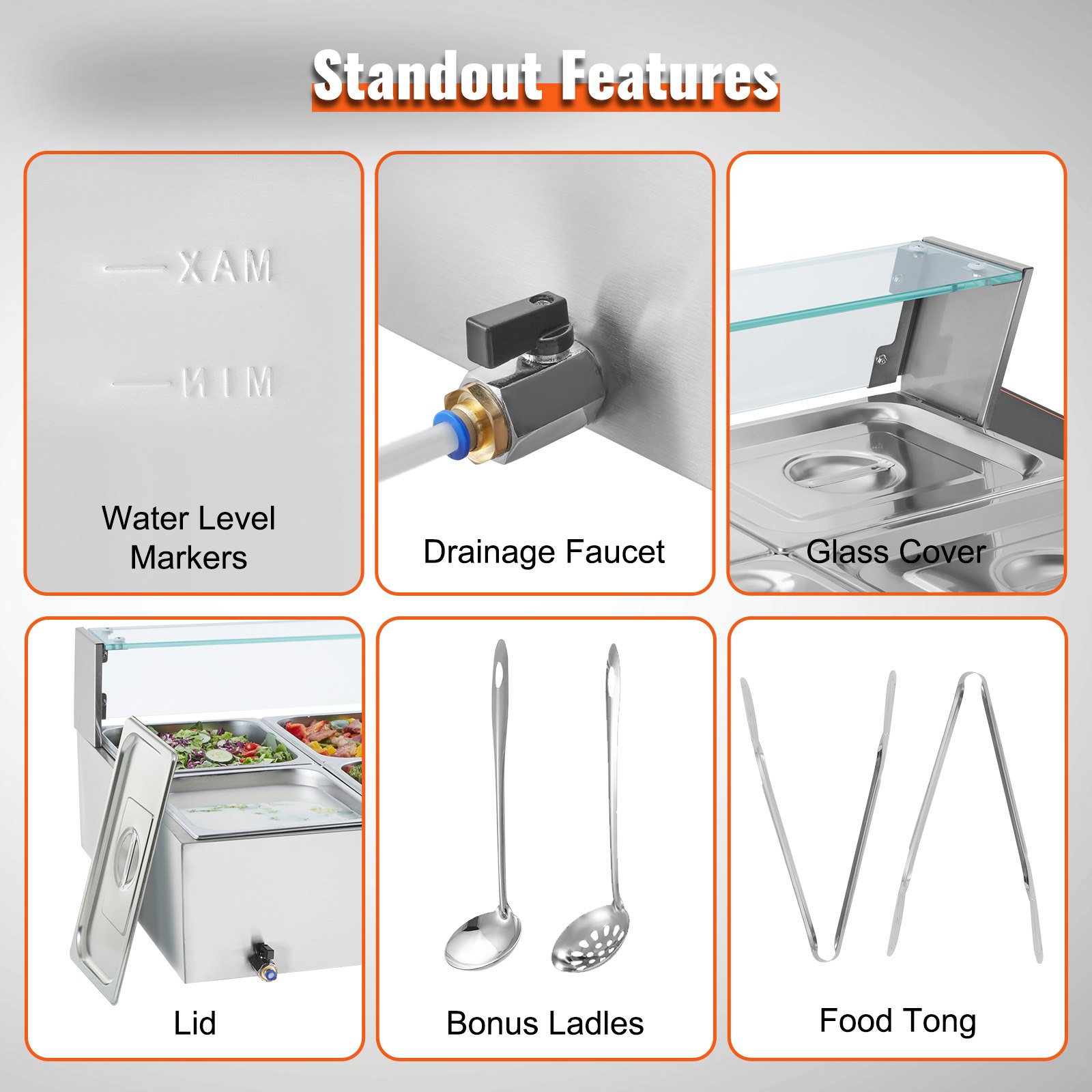 VEVOR Commercial Food Warmer with 10 x 8 Qt Containers, Electric Steam Table with Glass Cover, 1700 W Stainless Steel Worktop, Buffet Bain-Marie, 30-85°C Temperature Control, Catering