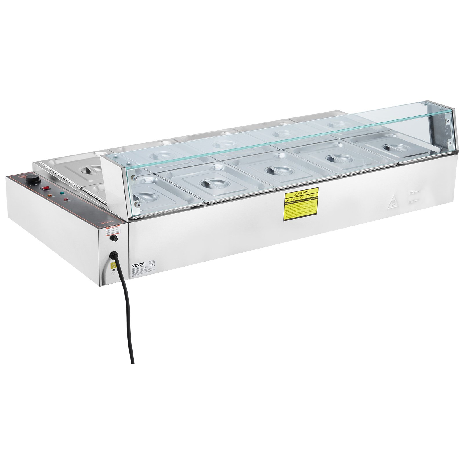 VEVOR Commercial Food Warmer with 10 x 8 Qt Containers, Electric Steam Table with Glass Cover, 1700 W Stainless Steel Worktop, Buffet Bain-Marie, 30-85°C Temperature Control, Catering