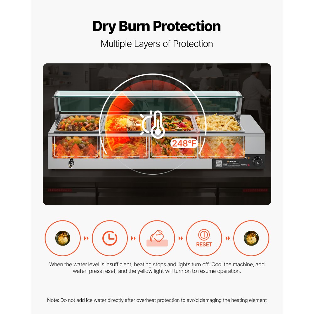 VEVOR Calentador de Alimentos Eléctrico de Acero Inoxidable 1500 W con Vapor y Cubierta de Vidrio, 4 Bandejas, Baño María con Cucharones, para Restaurantes y Fiestas, 1185 x 365 x 385 mm, Plata