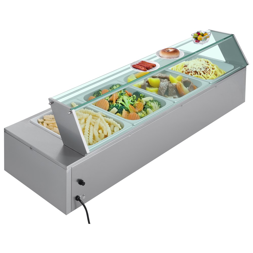 VEVOR Calentador de Alimentos Eléctrico de Acero Inoxidable 1500 W con Vapor y Cubierta de Vidrio, 4 Bandejas, Baño María con Cucharones, para Restaurantes y Fiestas, 1185 x 365 x 385 mm, Plata