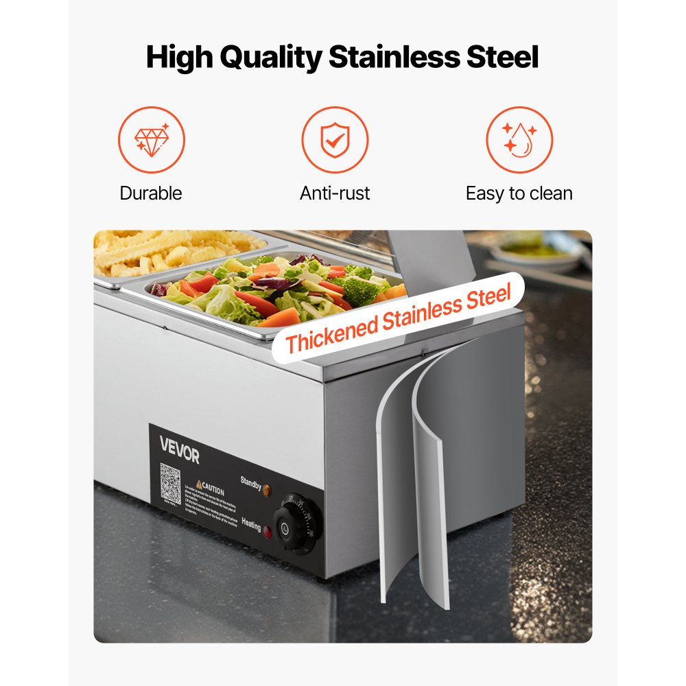 VEVOR Calentador de Alimentos Eléctrico de Acero Inoxidable 1500 W con Vapor y Cubierta de Vidrio, 4 Bandejas, Baño María con Cucharones, para Restaurantes y Fiestas, 1185 x 365 x 385 mm, Plata