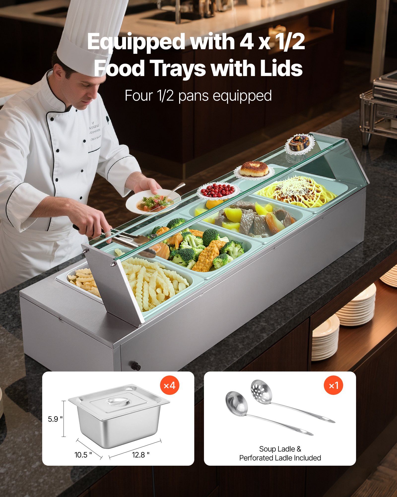 VEVOR Calentador de Alimentos Eléctrico de Acero Inoxidable 1500 W con Vapor y Cubierta de Vidrio, 4 Bandejas, Baño María con Cucharones, para Restaurantes y Fiestas, 1185 x 365 x 385 mm, Plata