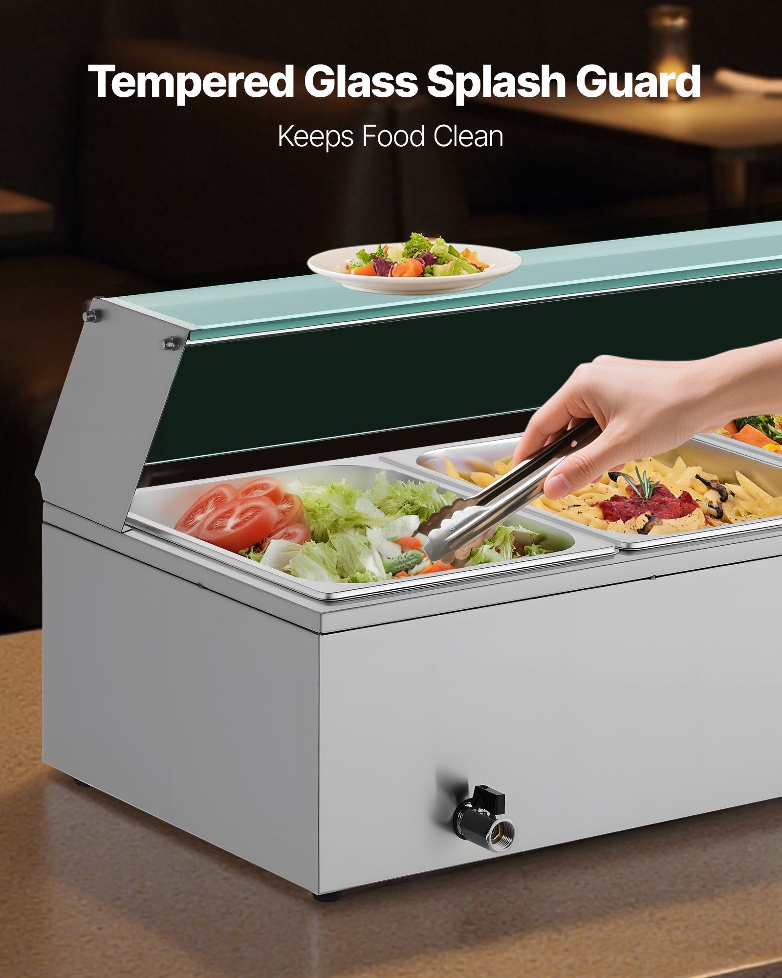 VEVOR Calentador de Alimentos Eléctrico de Acero Inoxidable 1500 W con Vapor y Cubierta de Vidrio, 4 Bandejas, Baño María con Cucharones, para Restaurantes y Fiestas, 1185 x 365 x 385 mm, Plata