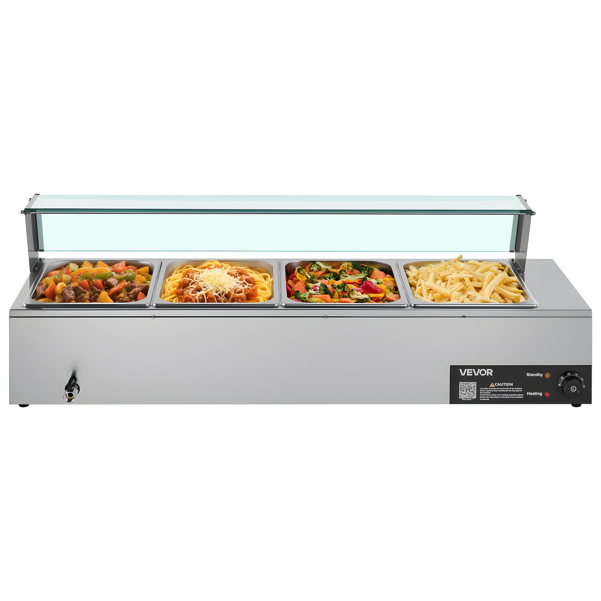 VEVOR Calentador de Alimentos Eléctrico de Acero Inoxidable 1500 W con Vapor y Cubierta de Vidrio, 4 Bandejas, Baño María con Cucharones, para Restaurantes y Fiestas, 1185 x 365 x 385 mm, Plata