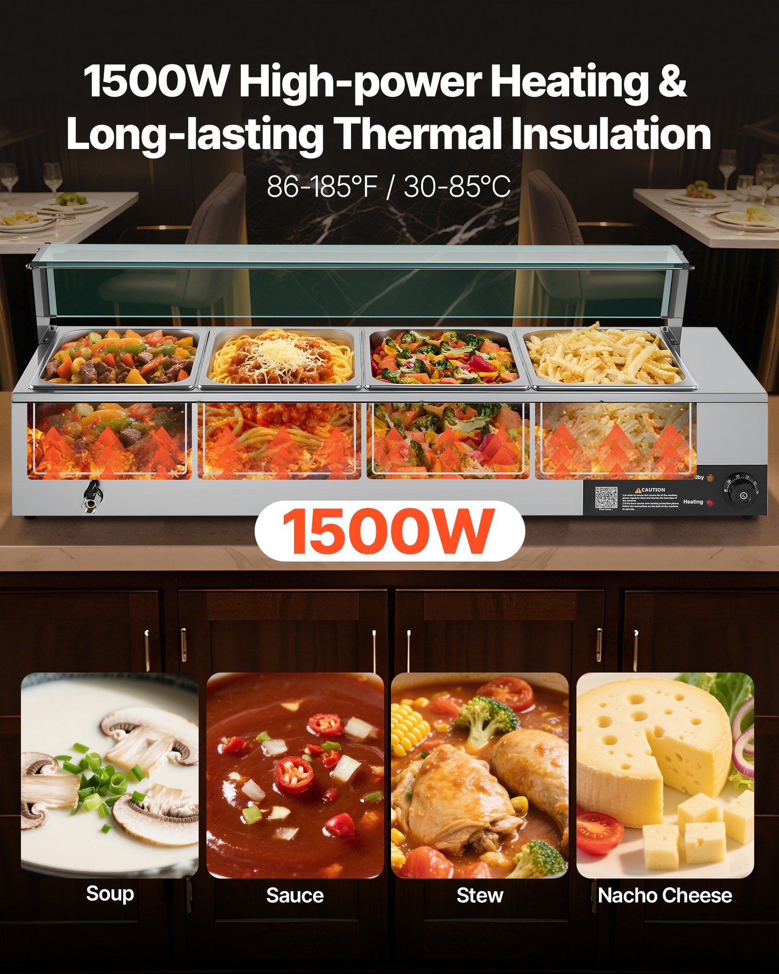 VEVOR Calentador de Alimentos Eléctrico de Acero Inoxidable 1500 W con Vapor y Cubierta de Vidrio, 4 Bandejas, Baño María con Cucharones, para Restaurantes y Fiestas, 1185 x 365 x 385 mm, Plata
