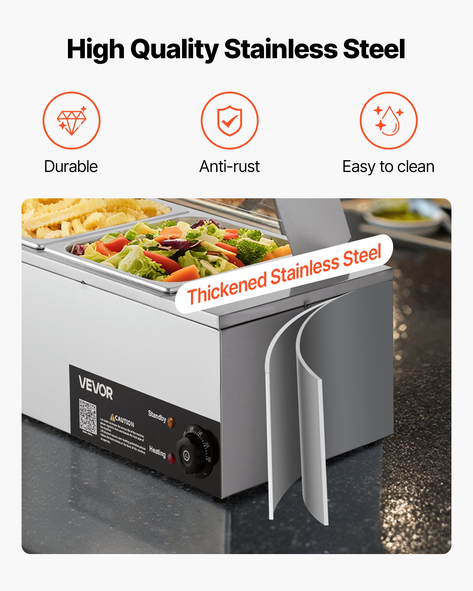 VEVOR Calentador de Alimentos Eléctrico de Acero Inoxidable 1500 W con Vapor y Cubierta de Vidrio, 4 Bandejas, Baño María con Cucharones, para Restaurantes y Fiestas, 1185 x 365 x 385 mm, Plata