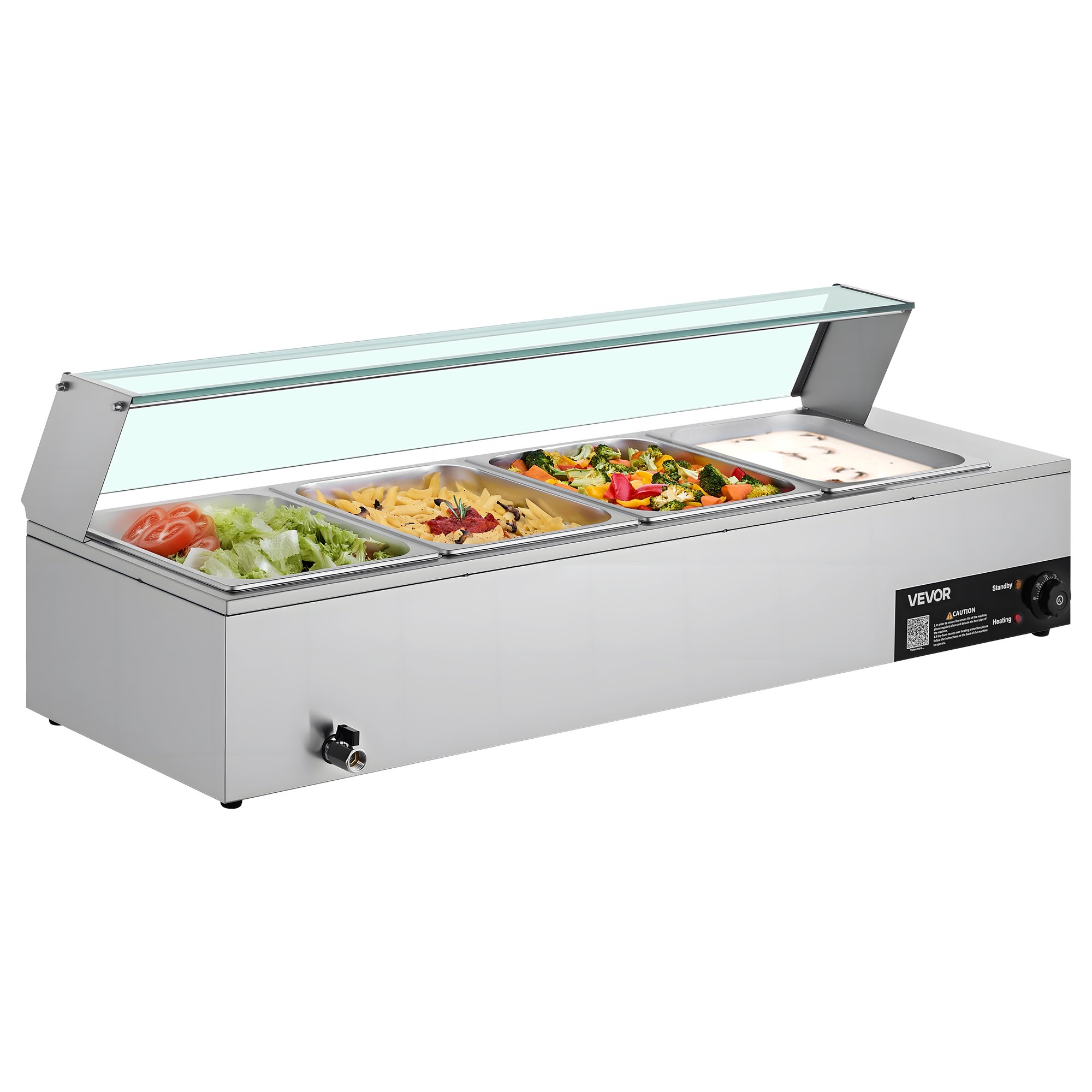 VEVOR Calentador de Alimentos Eléctrico de Acero Inoxidable 1500 W con Vapor y Cubierta de Vidrio, 4 Bandejas, Baño María con Cucharones, para Restaurantes y Fiestas, 1185 x 365 x 385 mm, Plata