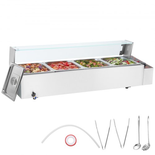 VEVOR Calentador de alimentos comercial de 4 sartenes, mesa de vapor eléctrica de 4 x 8 qt con cubierta de vidrio, 1500 W, encimera de acero inoxidable, control de temperatura de 86-185 °F para catering, restaurantes, plateado