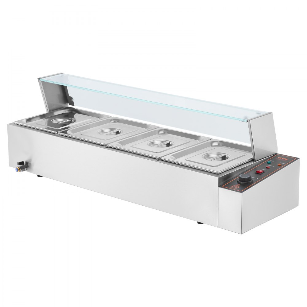 VEVOR Calentador de alimentos comercial de 4 sartenes, mesa de vapor eléctrica de 4 x 8 qt con cubierta de vidrio, 1500 W, encimera de acero inoxidable, control de temperatura de 86-185 °F para catering, restaurantes, plateado