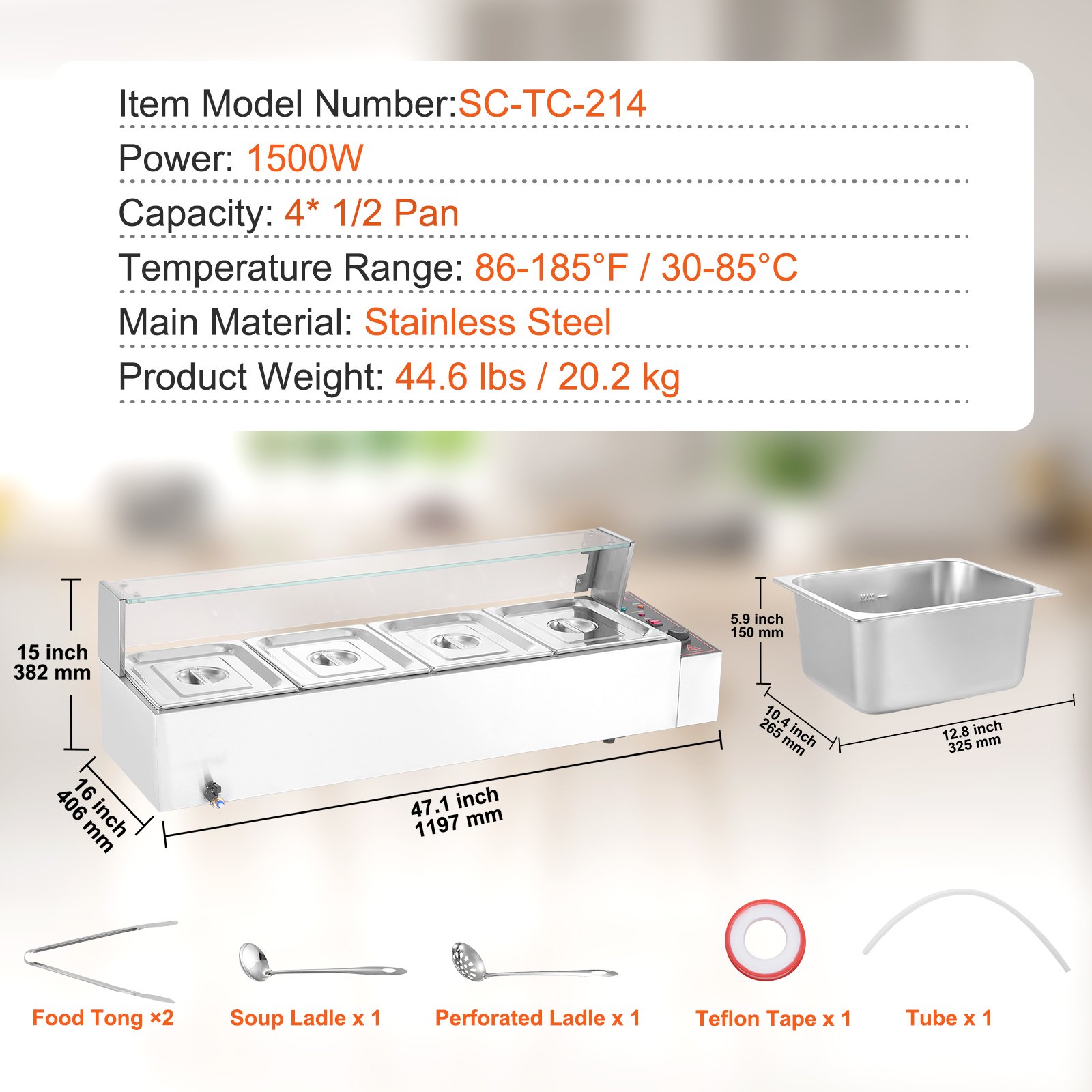 VEVOR Calentador de alimentos comercial de 4 sartenes, mesa de vapor eléctrica de 4 x 8 qt con cubierta de vidrio, 1500 W, encimera de acero inoxidable, control de temperatura de 86-185 °F para catering, restaurantes, plateado