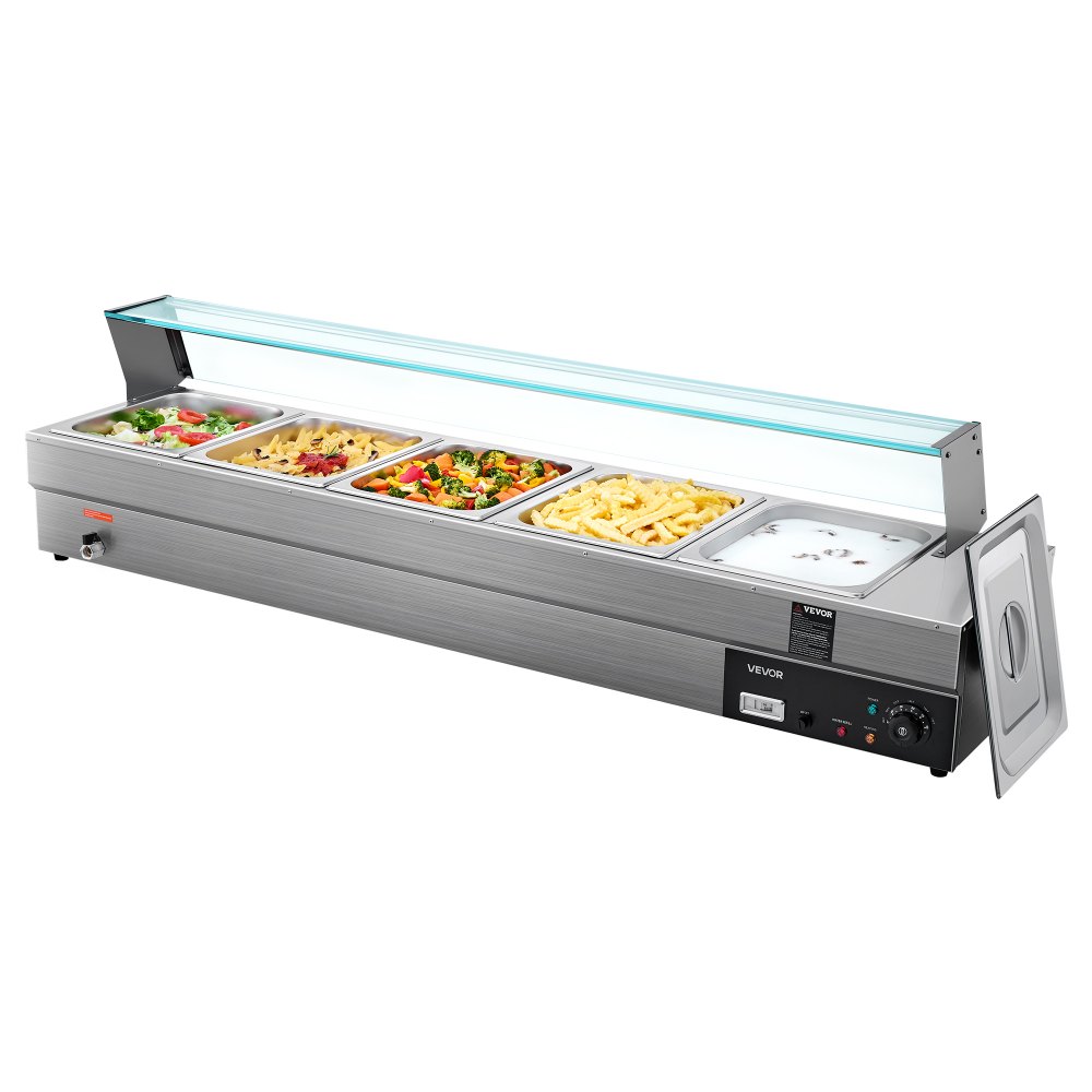 VEVOR Calentador de alimentos comercial de 5 sartenes, mesa de vapor eléctrica de 5 x 8 qt con cubierta de vidrio, 1700 W, encimera de acero inoxidable, control de temperatura de 86-185 °F para catering, restaurantes, plateado