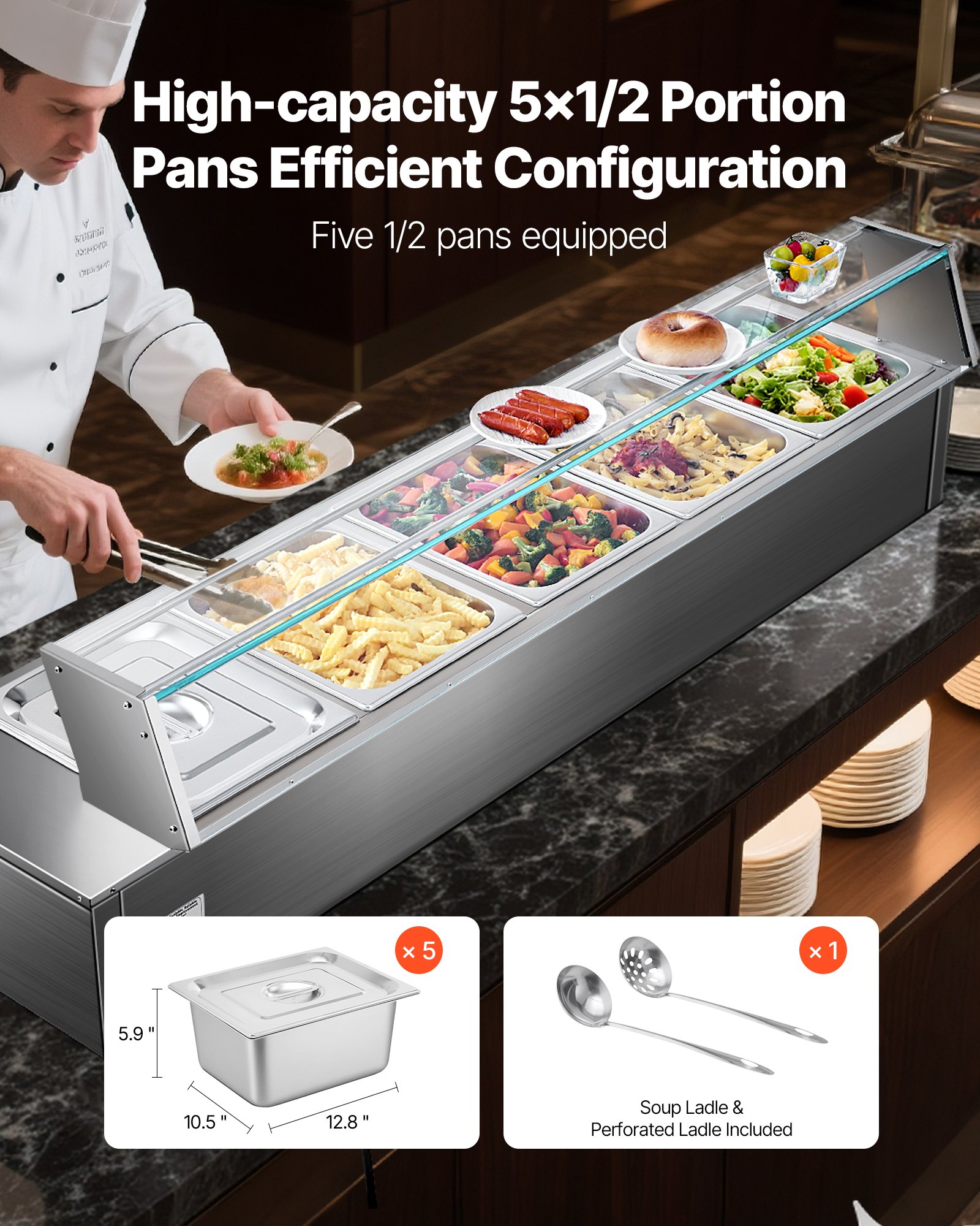 VEVOR Calentador de alimentos comercial de 5 sartenes, mesa de vapor eléctrica de 5 x 8 qt con cubierta de vidrio, 1700 W, encimera de acero inoxidable, control de temperatura de 86-185 °F para catering, restaurantes, plateado