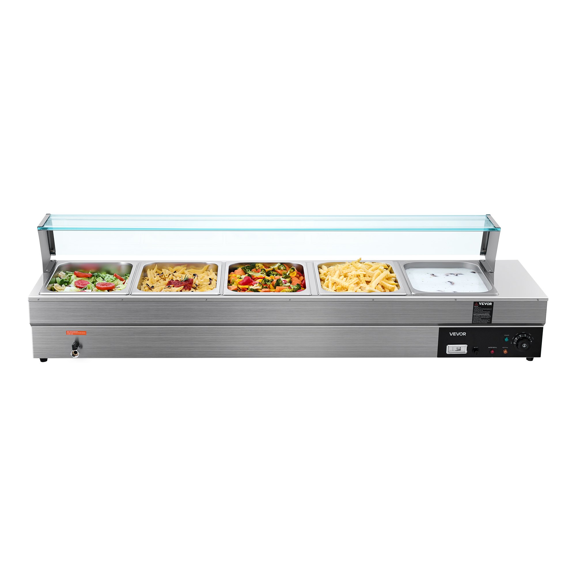 VEVOR Calentador de alimentos comercial de 5 sartenes, mesa de vapor eléctrica de 5 x 8 qt con cubierta de vidrio, 1700 W, encimera de acero inoxidable, control de temperatura de 86-185 °F para catering, restaurantes, plateado