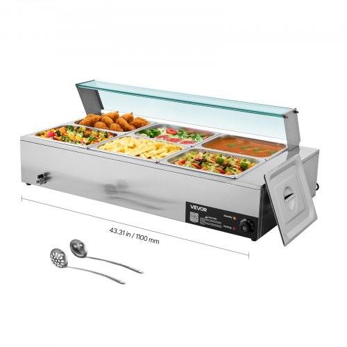 VEVOR Calentador de Alimentos 1500 W Eléctrico, Acero Inoxidable, con Vapor y Tapa de Cristal, 6 Bandejas de 1/2, para Bufé, Baño María con Cucharones para Sopa y Perforados, 1100 x 570 x 385 mm