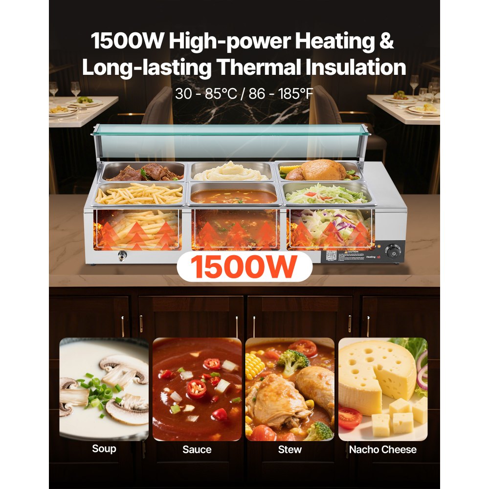 VEVOR Calentador de Alimentos 1500 W Eléctrico, Acero Inoxidable, con Vapor y Tapa de Cristal, 6 Bandejas de 1/2, para Bufé, Baño María con Cucharones para Sopa y Perforados, 1100 x 570 x 385 mm