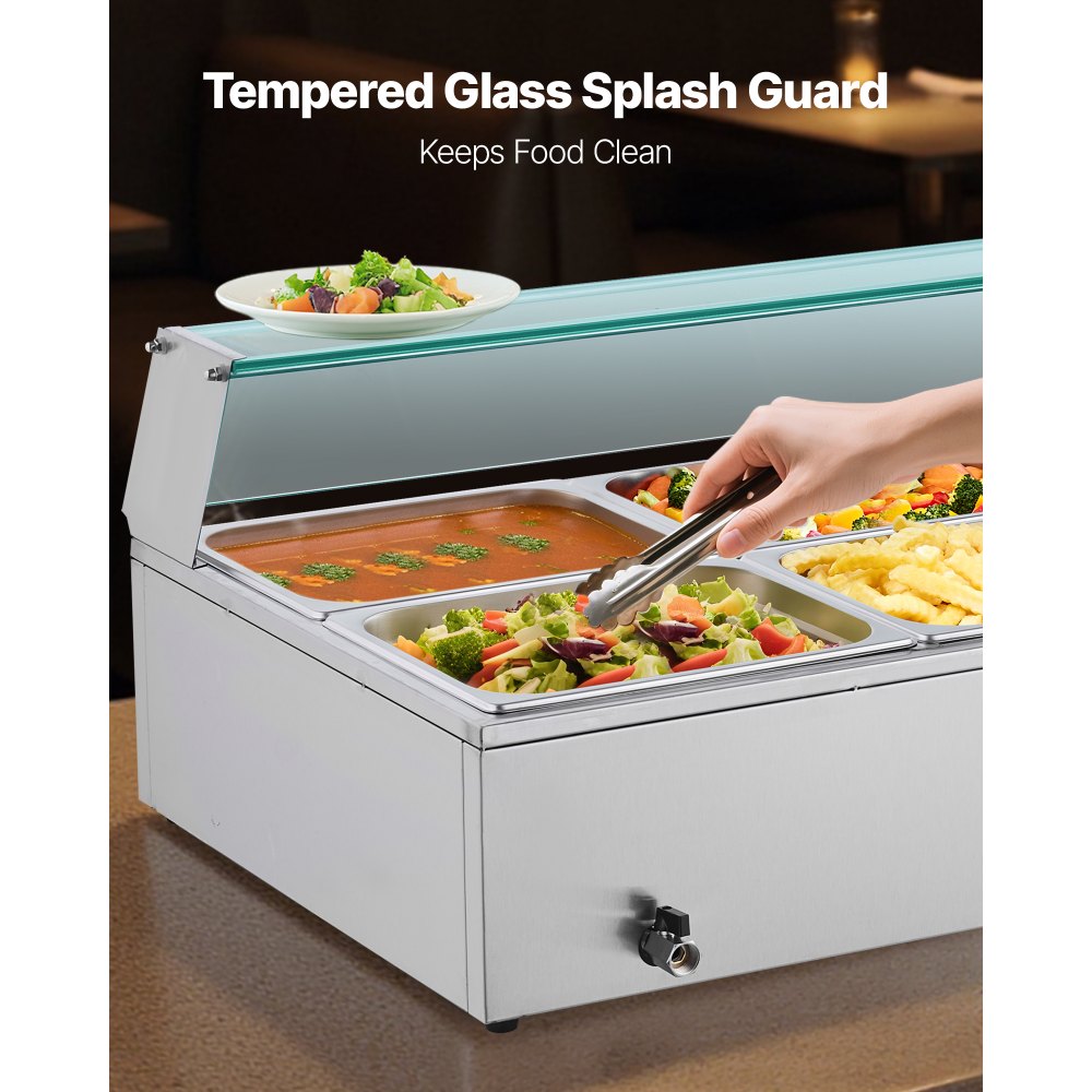 VEVOR Calentador de Alimentos 1500 W Eléctrico, Acero Inoxidable, con Vapor y Tapa de Cristal, 6 Bandejas de 1/2, para Bufé, Baño María con Cucharones para Sopa y Perforados, 1100 x 570 x 385 mm
