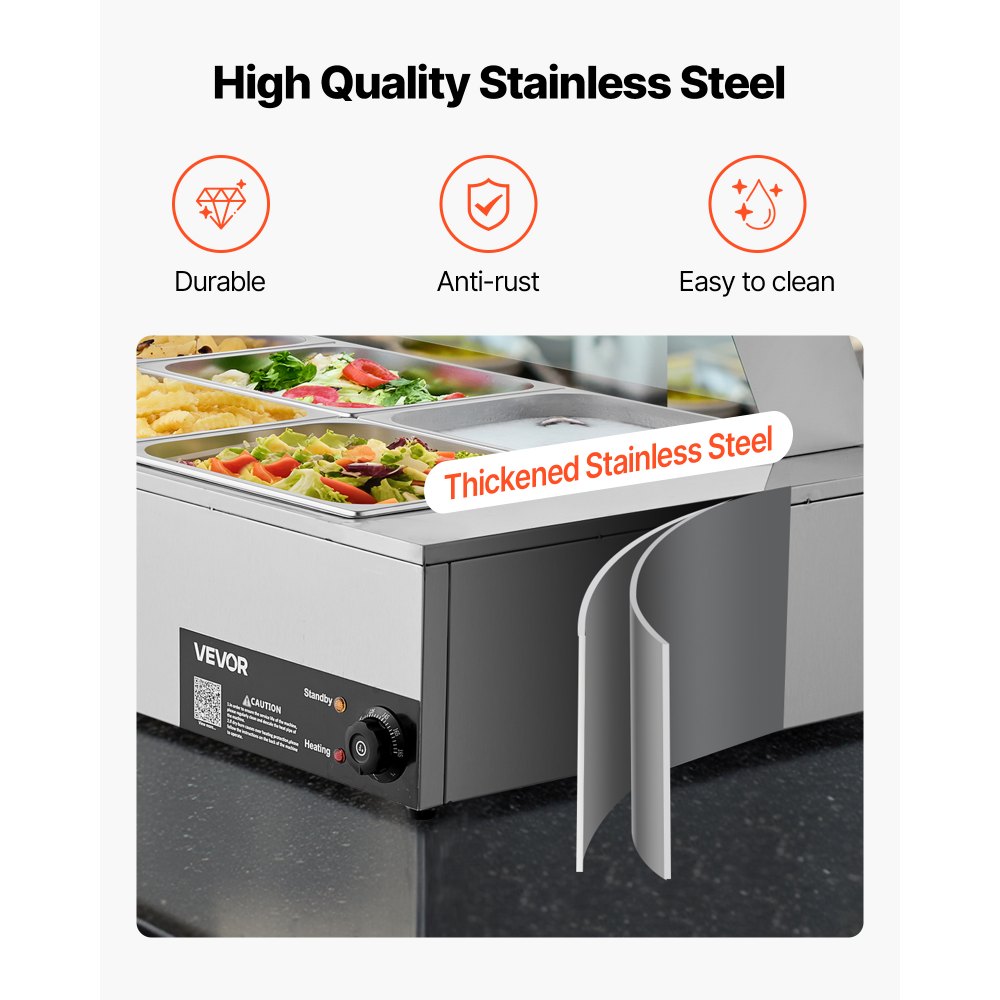 VEVOR Calentador de Alimentos 1500 W Eléctrico, Acero Inoxidable, con Vapor y Tapa de Cristal, 6 Bandejas de 1/2, para Bufé, Baño María con Cucharones para Sopa y Perforados, 1100 x 570 x 385 mm