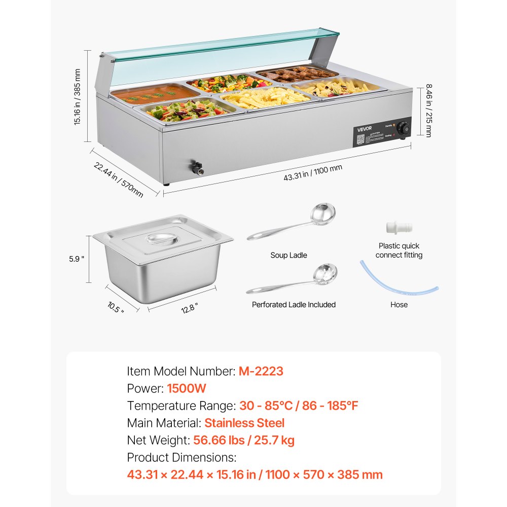 VEVOR Calentador de Alimentos 1500 W Eléctrico, Acero Inoxidable, con Vapor y Tapa de Cristal, 6 Bandejas de 1/2, para Bufé, Baño María con Cucharones para Sopa y Perforados, 1100 x 570 x 385 mm