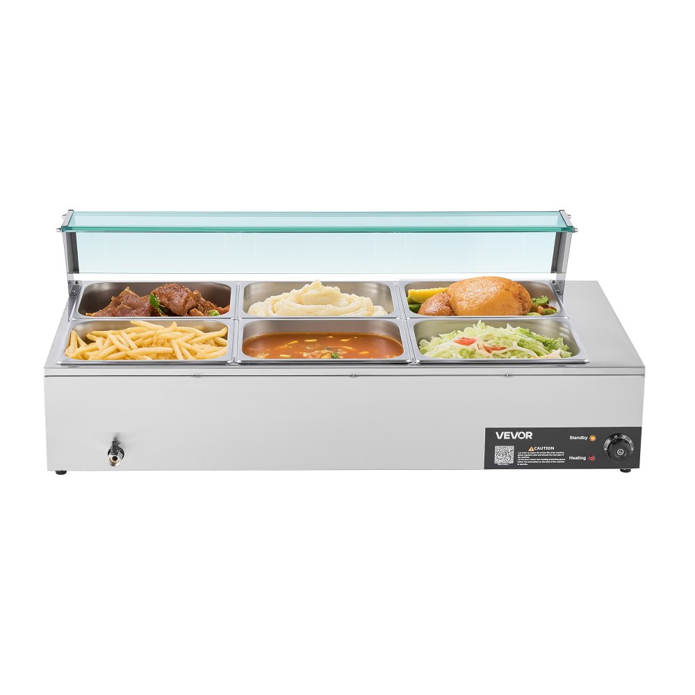VEVOR Calentador de Alimentos 1500 W Eléctrico, Acero Inoxidable, con Vapor y Tapa de Cristal, 6 Bandejas de 1/2, para Bufé, Baño María con Cucharones para Sopa y Perforados, 1100 x 570 x 385 mm