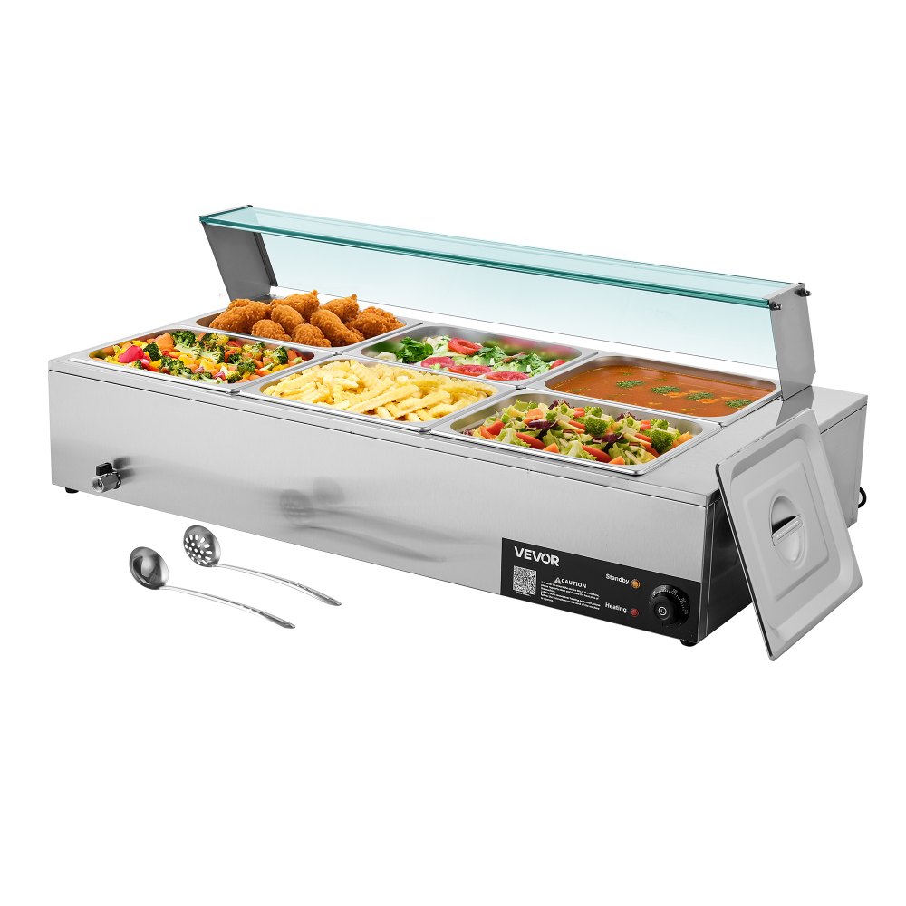 VEVOR Calentador de Alimentos 1500 W Eléctrico, Acero Inoxidable, con Vapor y Tapa de Cristal, 6 Bandejas de 1/2, para Bufé, Baño María con Cucharones para Sopa y Perforados, 1100 x 570 x 385 mm